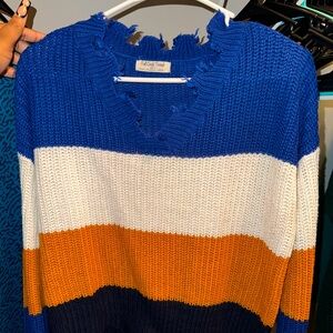 Cropped Frayed Sweater, Blue-White-Mustard, Size Lg.